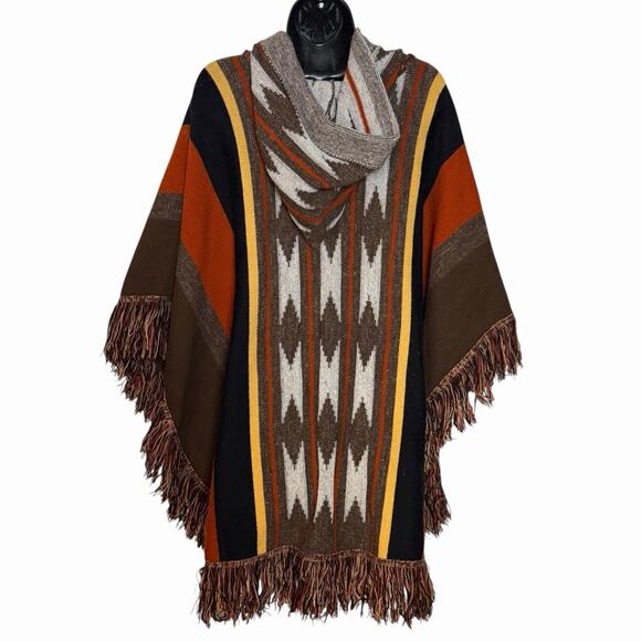 VTG BOHO AZTEC 60s 70s PONCHO HOODED FRINGED WESTERN FESTIVAL CUDDLE KNIT OS - Picture 5 of 6